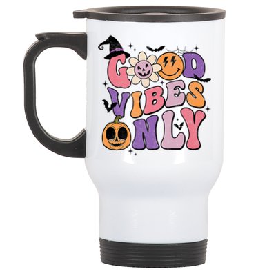 Good Vibes Only Pumpkin Ghost Spooky Season Retro Halloween Cool Gift Stainless Steel Travel Mug