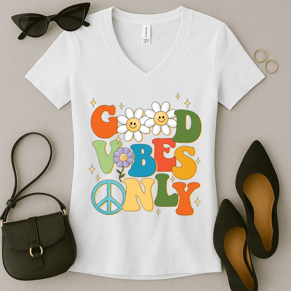 Good Vibes Only Retro Hippie Women's V-Neck T-Shirt