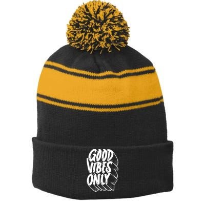 Good Vibes Only Cool Retro Stripe Pom Pom Beanie