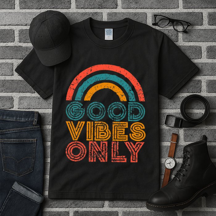 Good Vibes Only Vintage Rainbow Positive Vibe Quote Gift Tall T-Shirt