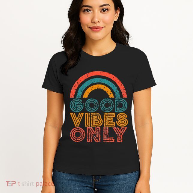 Good Vibes Only Vintage Rainbow Positive Vibe Quote Gift Womens T-Shirt
