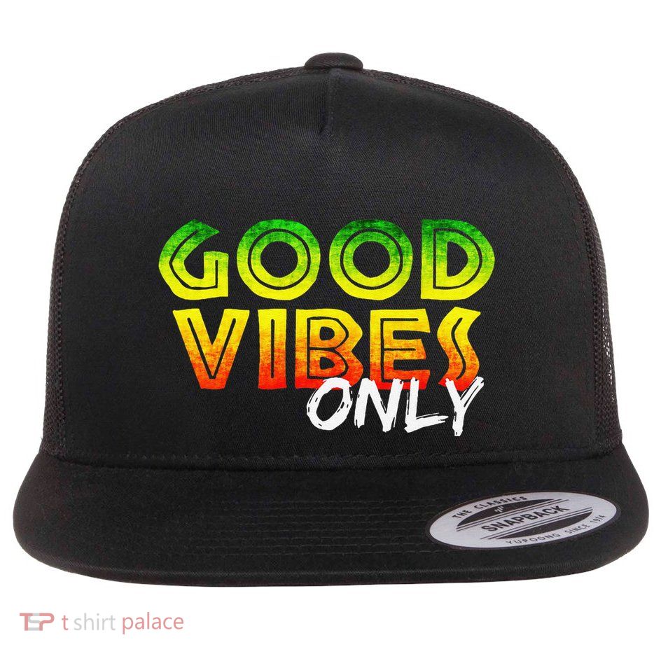 Good Vibes Only Rasta Reggae Jamaica Summer One Love Flat Bill Trucker Hat