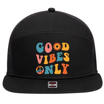Good Vibes Only Groovy Trendy Peace Love 60s 70s Vintage 7 Panel Mesh Trucker Snapback Hat