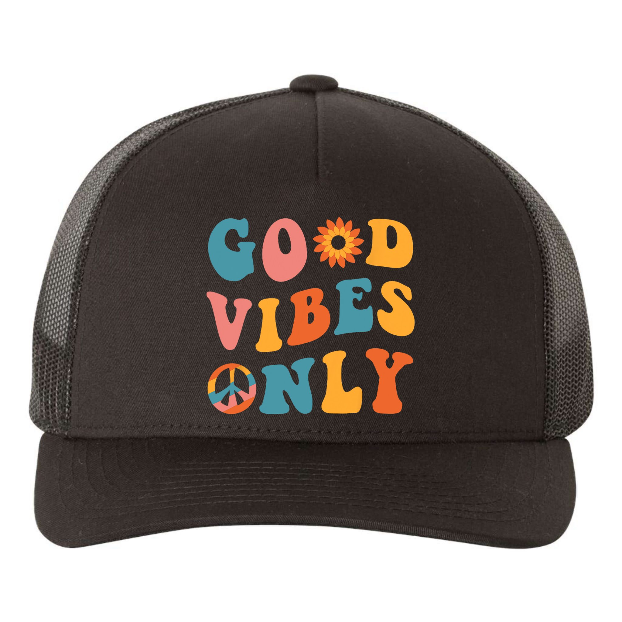 Good Vibes Only Groovy Trendy Peace Love 60s 70s Vintage Yupoong Adult 5-Panel Trucker Hat