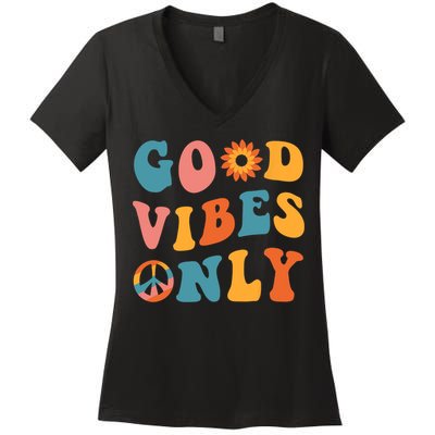 Good Vibes Only Groovy Trendy Peace Love 60s 70s Vintage Women's V-Neck T-Shirt