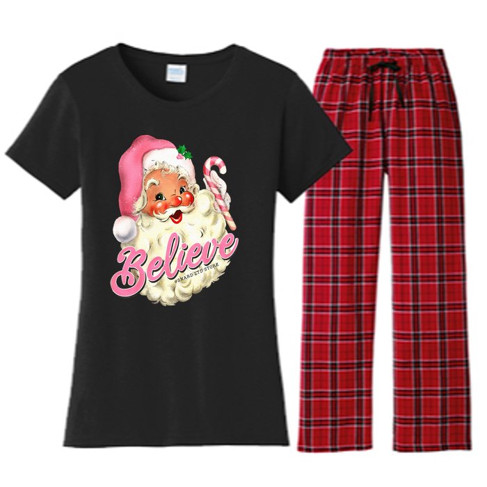 Groovy Vintage Pink Santa Claus Believe Christmas Women's Flannel Pajama Set