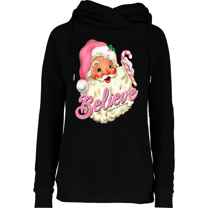 Groovy Vintage Pink Santa Claus Believe Christmas Womens Funnel Neck Pullover Hood