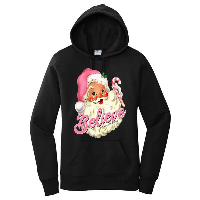 Groovy Vintage Pink Santa Claus Believe Christmas Women's Pullover Hoodie