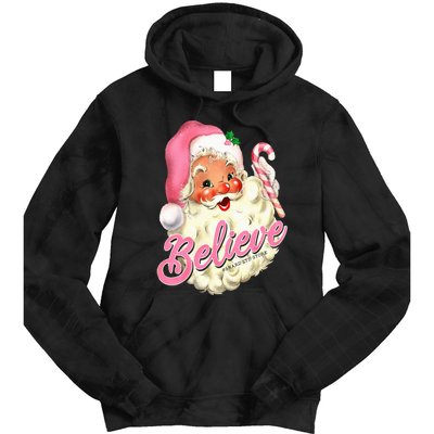 Groovy Vintage Pink Santa Claus Believe Christmas Tie Dye Hoodie