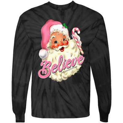 Groovy Vintage Pink Santa Claus Believe Christmas Tie-Dye Long Sleeve Shirt