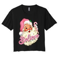 Groovy Vintage Pink Santa Claus Believe Christmas Women's Crop Top Tee