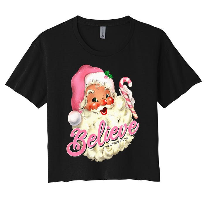 Groovy Vintage Pink Santa Claus Believe Christmas Women's Crop Top Tee