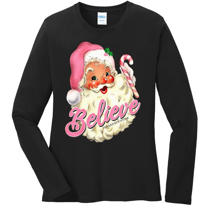 Groovy Vintage Pink Santa Claus Believe Christmas Ladies Long Sleeve Shirt