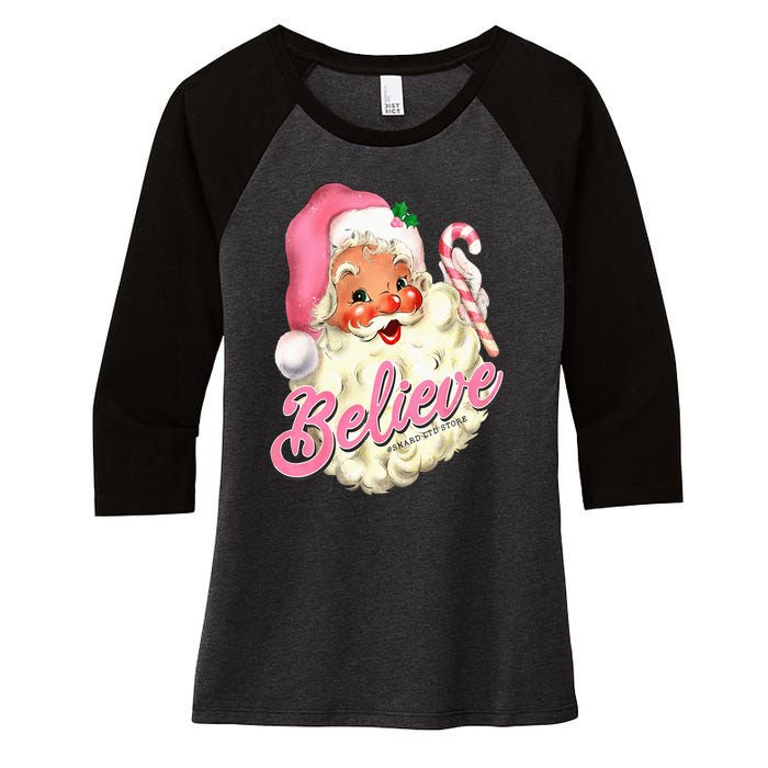 Groovy Vintage Pink Santa Claus Believe Christmas Women's Tri-Blend 3/4-Sleeve Raglan Shirt