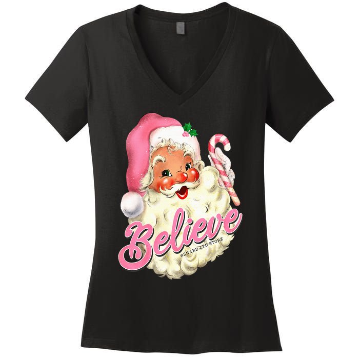 Groovy Vintage Pink Santa Claus Believe Christmas Women's V-Neck T-Shirt