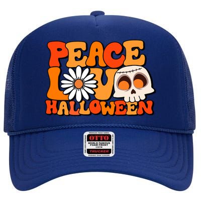 Groovy Vintage Peace Love Halloween Costume Gift High Crown Mesh Back Trucker Hat