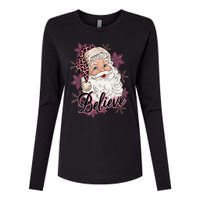 Groovy Vintage Pink Santa Claus Believe Christmas Womens Cotton Relaxed Long Sleeve T-Shirt