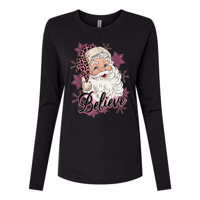 Groovy Vintage Pink Santa Claus Believe Christmas Womens Cotton Relaxed Long Sleeve T-Shirt