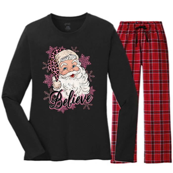 Groovy Vintage Pink Santa Claus Believe Christmas Women's Long Sleeve Flannel Pajama Set 