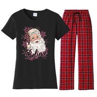 Groovy Vintage Pink Santa Claus Believe Christmas Women's Flannel Pajama Set