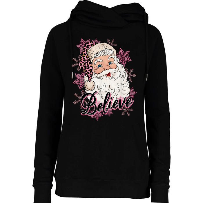 Groovy Vintage Pink Santa Claus Believe Christmas Womens Funnel Neck Pullover Hood