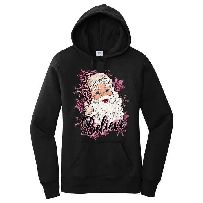 Groovy Vintage Pink Santa Claus Believe Christmas Women's Pullover Hoodie