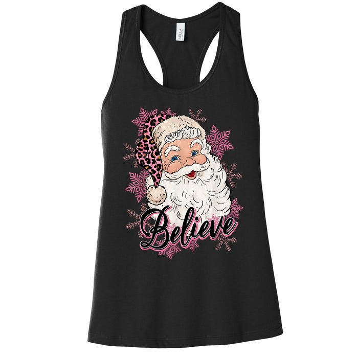 Groovy Vintage Pink Santa Claus Believe Christmas Women's Racerback Tank