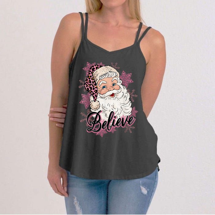 Groovy Vintage Pink Santa Claus Believe Christmas Women's Strappy Tank