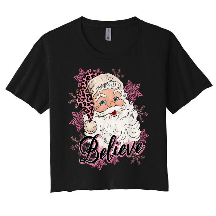 Groovy Vintage Pink Santa Claus Believe Christmas Women's Crop Top Tee