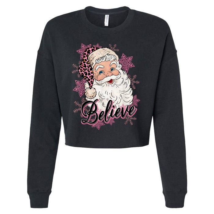 Groovy Vintage Pink Santa Claus Believe Christmas Cropped Pullover Crew