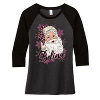 Groovy Vintage Pink Santa Claus Believe Christmas Women's Tri-Blend 3/4-Sleeve Raglan Shirt