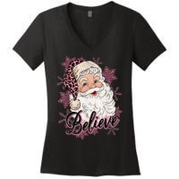 Groovy Vintage Pink Santa Claus Believe Christmas Women's V-Neck T-Shirt