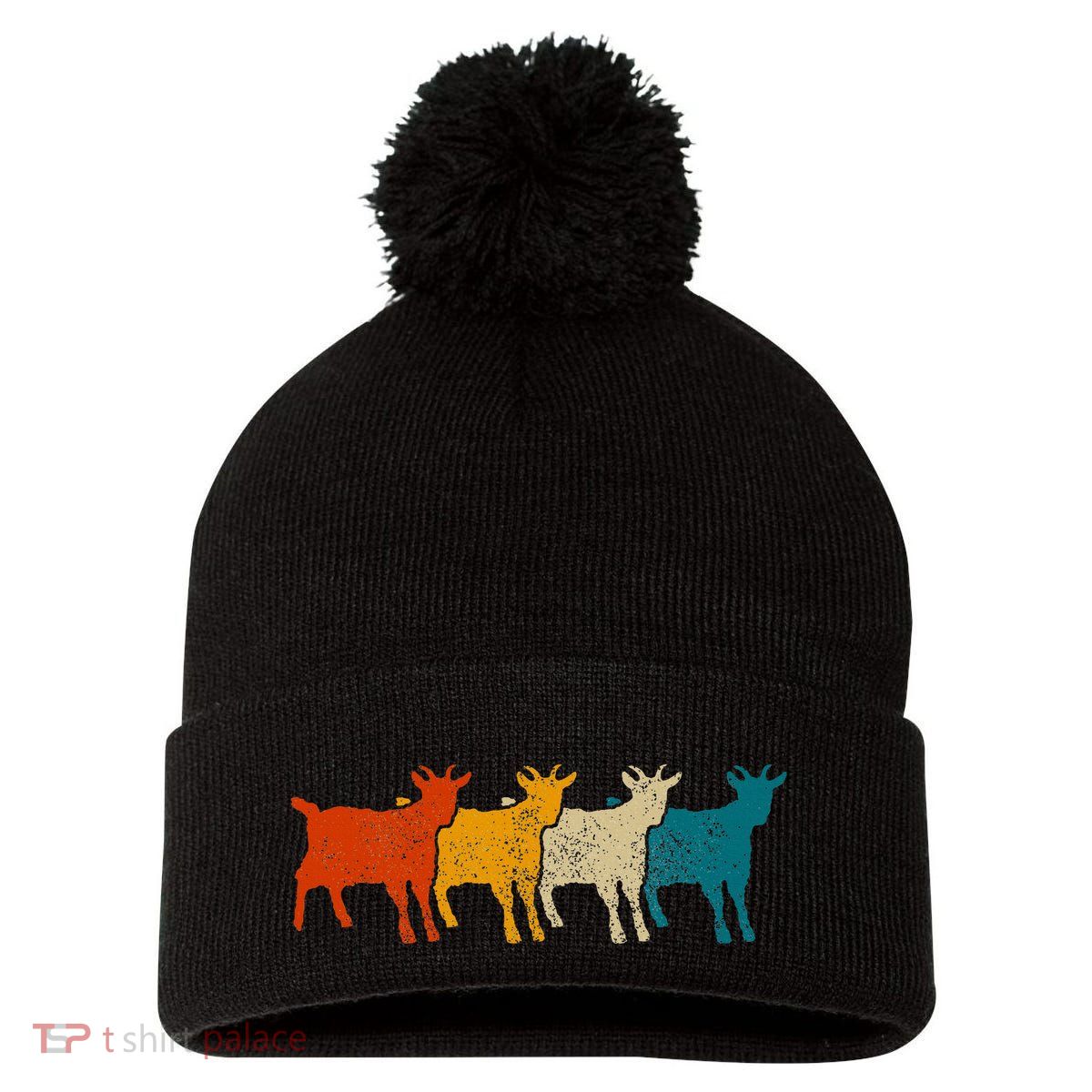 Goat Vintage Retro Farm Animal Goats Pom Pom 12in Knit Beanie