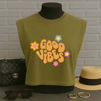 Good Vibes Retro Groovy Flower Garment-Dyed Women's Muscle Tee
