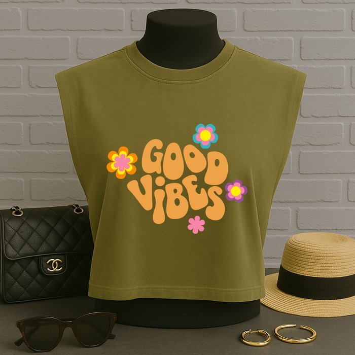 Good Vibes Retro Groovy Flower Garment-Dyed Women's Muscle Tee
