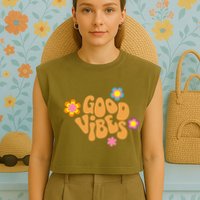Good Vibes Retro Groovy Flower Garment-Dyed Women's Muscle Tee