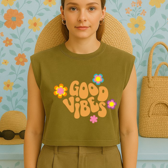 Good Vibes Retro Groovy Flower Garment-Dyed Women's Muscle Tee