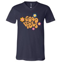 Good Vibes Retro Groovy Flower V-Neck T-Shirt