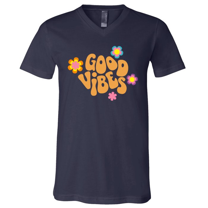 Good Vibes Retro Groovy Flower V-Neck T-Shirt