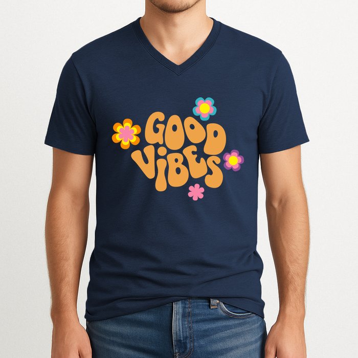 Good Vibes Retro Groovy Flower V-Neck T-Shirt