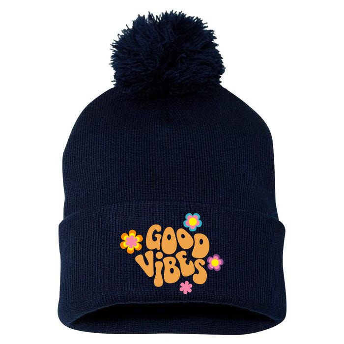 Good Vibes Retro Groovy Flower Pom Pom 12in Knit Beanie