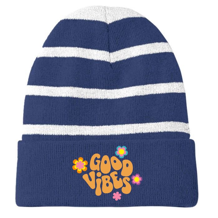 Good Vibes Retro Groovy Flower Striped Beanie with Solid Band