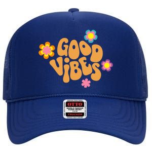 Good Vibes Retro Groovy Flower High Crown Mesh Back Trucker Hat