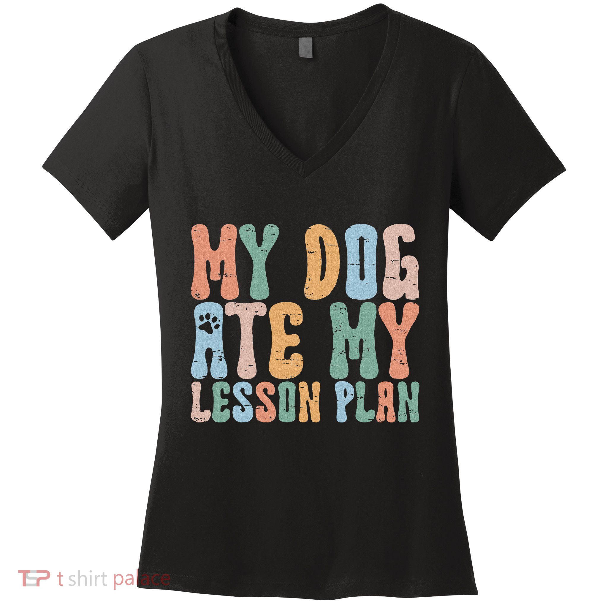 Groovy Vintage Retro My Dog Ate My Lesson Plan Funny Dogs Women's V-Neck T-Shirt