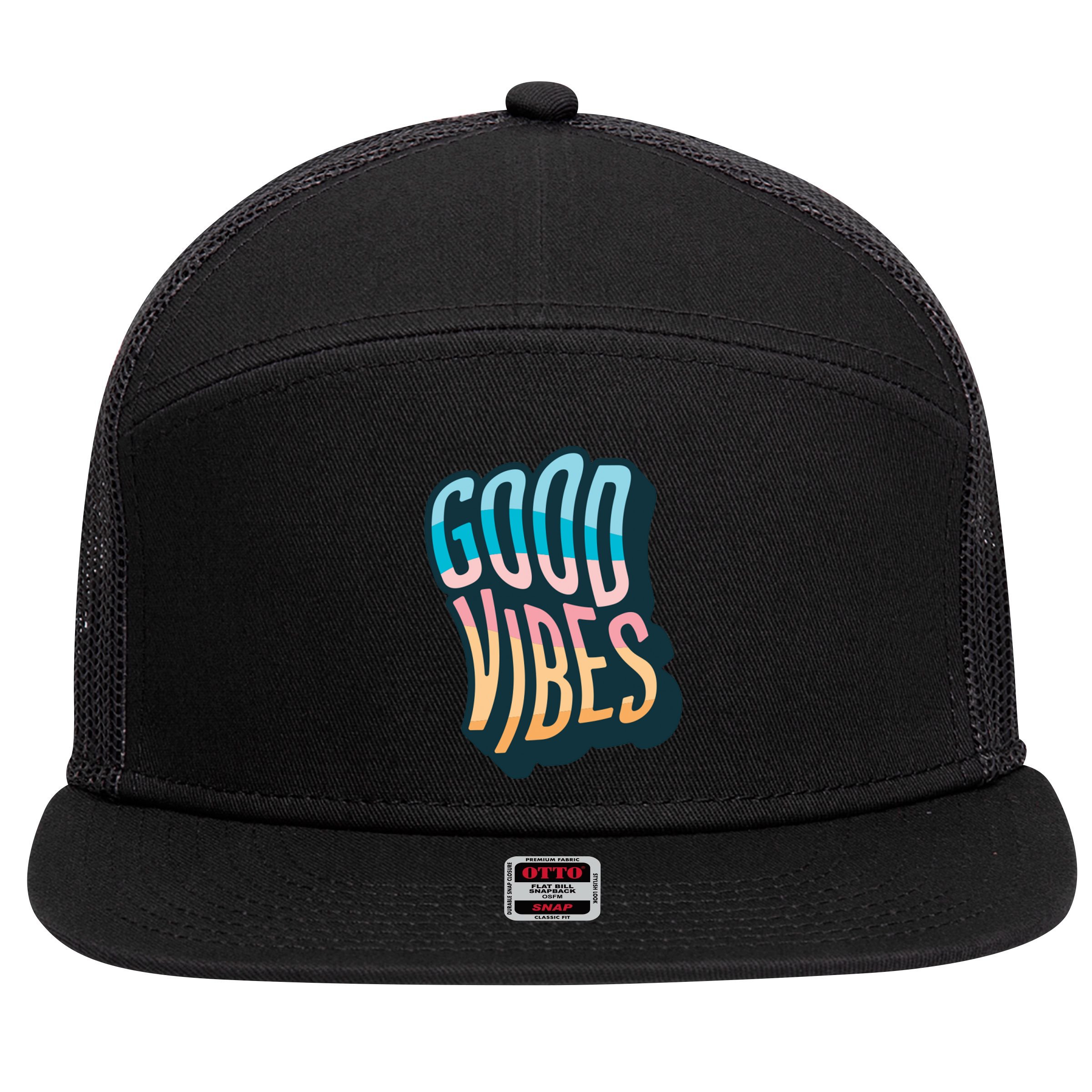Good Vibes Retro Positive Quote 7 Panel Mesh Trucker Snapback Hat
