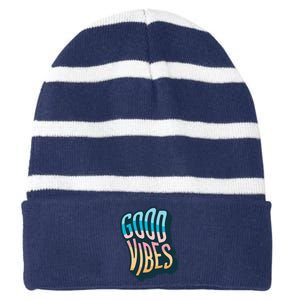 Good Vibes Retro Positive Quote Striped Beanie with Solid Band