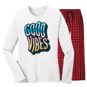 Good Vibes Retro Positive Quote Women's Long Sleeve Flannel Pajama Set 