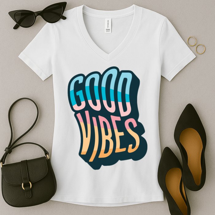 Good Vibes Retro Positive Quote Women's V-Neck T-Shirt