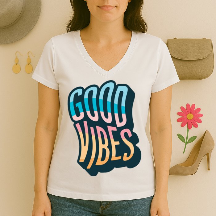 Good Vibes Retro Positive Quote Women's V-Neck T-Shirt