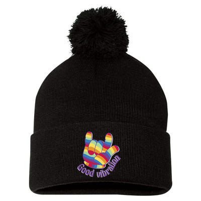 Good Vibration Rainbow Pom Pom 12in Knit Beanie